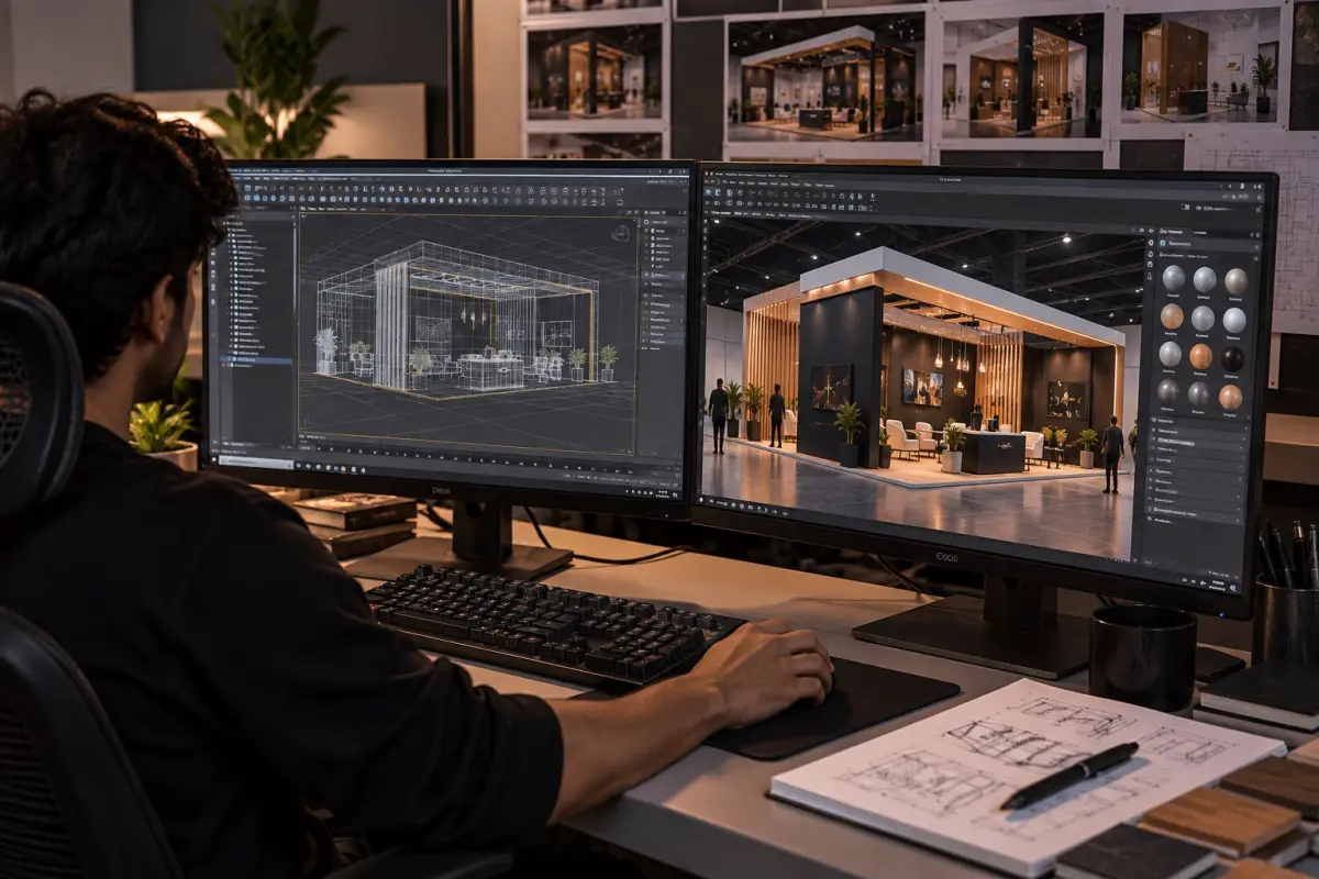 Designer building a 3D render of an exhibition booth