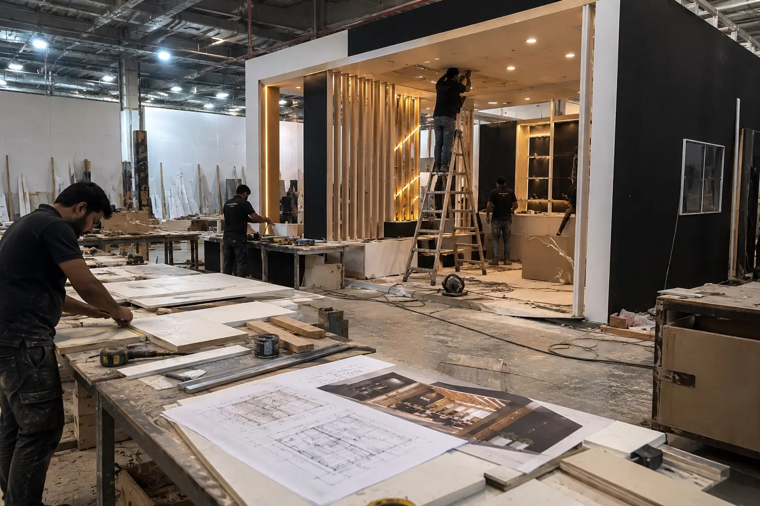 Craftsmen fabricating an exhibition booth in the workshop