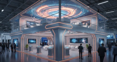 Isometric render of an orange-lit spiral tech exhibition booth