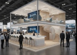 ELEVATE exhibition booth with a spiral staircase and curved ceiling