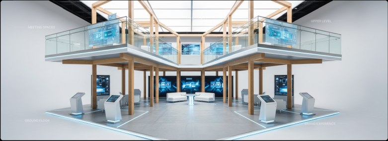 Bright glass and timber two-level exhibition structure with mezzanine and staircase