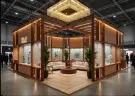 Wood-framed custom exhibition stand with warm ambient lighting