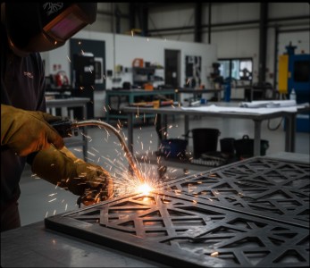 Welder working with sparks flying on a metal exhibition stand frame