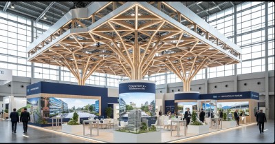Wood truss pavilion structure with Country X branded signage