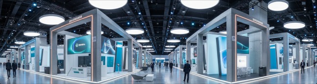 Wide view of a modular exhibition hall filled with grey and teal branded stands