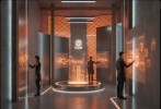 Red-lit tunnel entrance exhibition experience with visitors