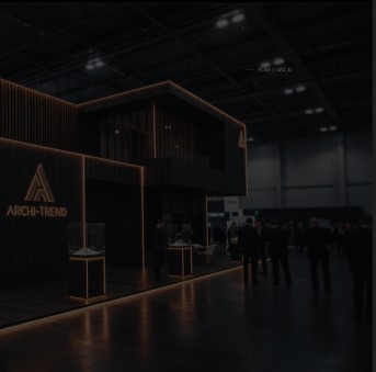 ARCHI-TREND branded wood exhibition stand with warm orange lighting