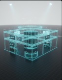 Cyan 3D wireframe visualisation of a multi-level exhibition stand