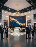 Completed exhibition stand with chandelier lighting and visitors