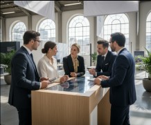 Business people gathered around a reception counter at an exhibition stand