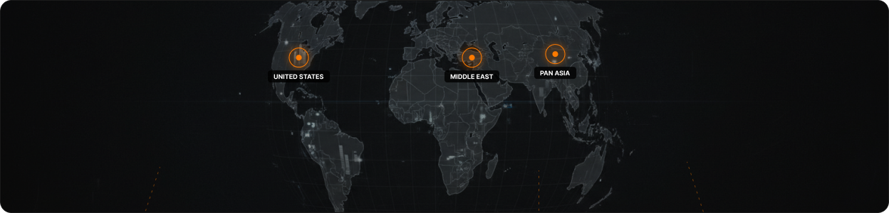 Map of DOTS MEDIA's exhibition markets — United States, Middle East, Pan Asia